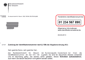 Beispiel des Schreibens zur Zuteilung der Identifikationsnummer. Die Identifikationsnummer ist farblich markiert.